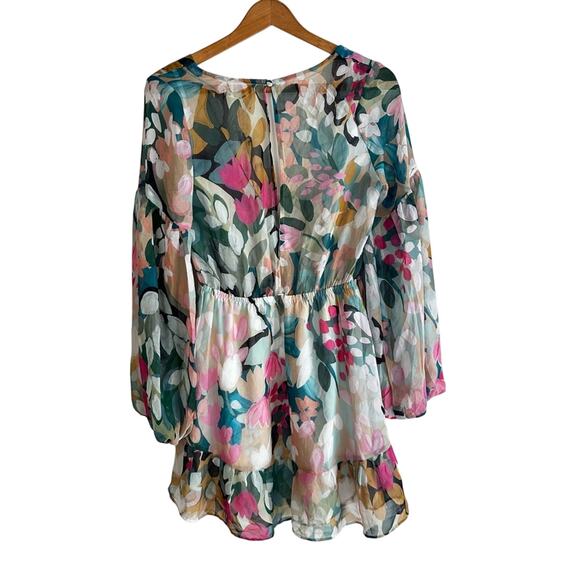 One and Only Collective Floral Deep V Neck Balloon Sleeve Mini Dress Medium - Picture 3 of 7